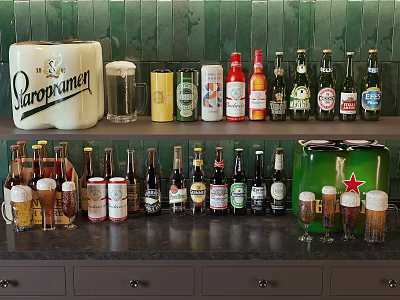 Various Brands of Beer Bottles And Beer Glasses On Black Countertop With Green Tiled Background 3d model
