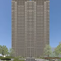 Tall Modern Residential Building With Grid Facade Large Windows And Trees Under Blue Sky