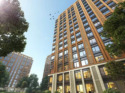 Modern High Rise Residential Building With Brown Facade Glass Windows And Surrounding Trees 3d model