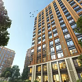 Modern High Rise Residential Building With Brown Facade Glass Windows And Surrounding Trees