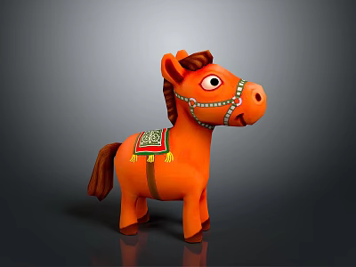 Cartoon Style Orange Toy Horse With Decorative Saddle Green Red Patterns Tassels And Bridle 3d model