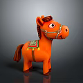 Cartoon Style Orange Toy Horse With Decorative Saddle Green Red Patterns Tassels And Bridle