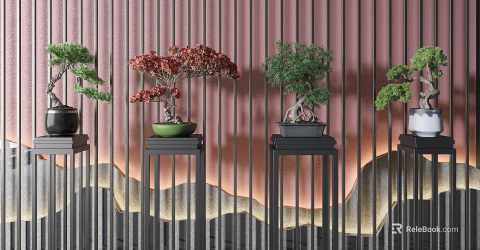 Indoor Bonsai Plants with Red and Green Foliage on Black Stands Against Pink Striped Wall 3d model 