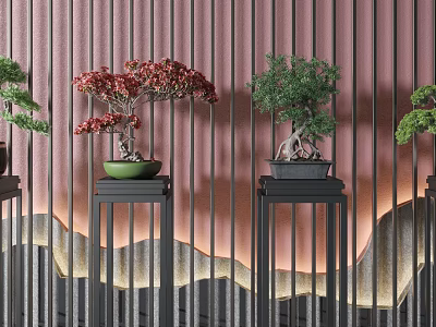Indoor Bonsai Plants with Red and Green Foliage on Black Stands Against Pink Striped Wall 3d model
