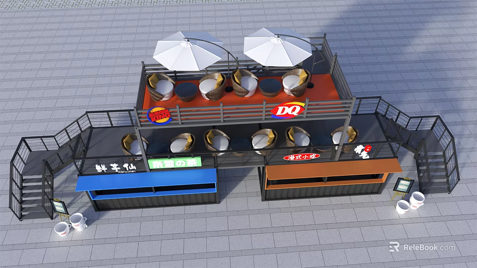 Container Building Two Story Structure With Outdoor Seating Umbrellas And Shops 3d model