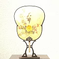 Traditional Style Decorative Ornament Set with Fan Floral and Bird Patterns on Wooden Stand