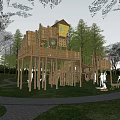 Elevated Wooden Children's Play Area With Tree House Slide Stairs And Grass Surroundings
