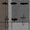Modern Wall Mounted Shower Heads With Handheld Sprayers On Wood Grain And White Tile Walls