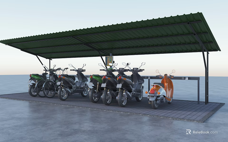 Seaside Motorcycle Parking Canopy Featuring Green Roof and Parked Scooters 3d model 