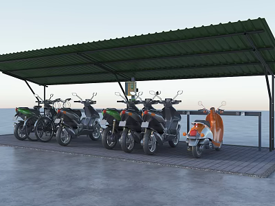 Seaside Motorcycle Parking Canopy Featuring Green Roof and Parked Scooters 3d model