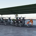 Seaside Motorcycle Parking Canopy Featuring Green Roof and Parked Scooters