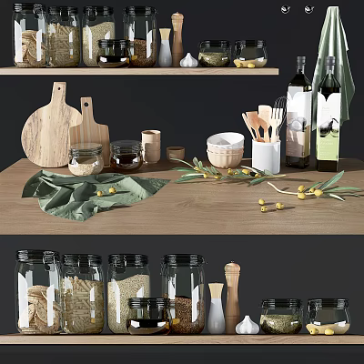 Organized Kitchen Utensils With Wooden Cutting Boards Glass Jars And Olive Oil Bottles On Countertop 3d model