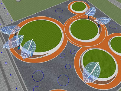 Waterfront Landscape Design With Circular Green Spaces Orange Pathways And Leaf Structures 3d model