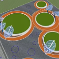 Waterfront Landscape Design With Circular Green Spaces Orange Pathways And Leaf Structures