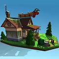 Cartoon Doll Shop Cottage With Mossy Roof Green Lawn Steps And Goat Figure