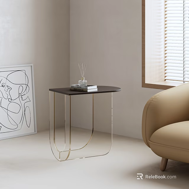 Beige Single Sofa In Modern Room With Gold Frame Side Table And Abstract Painting Decor 3d model 