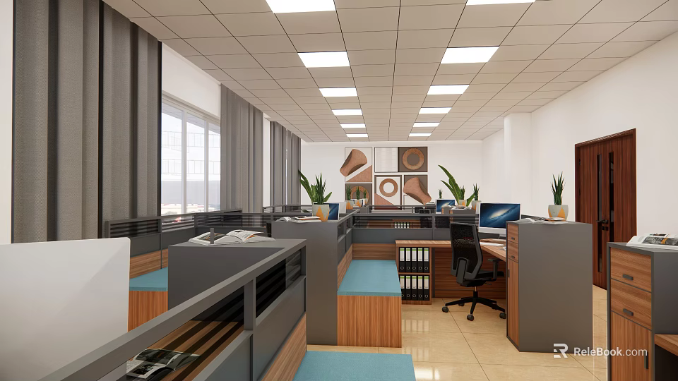 Modern Public Office Space Interior With Open Workstations Computers And Green Plants 3d model