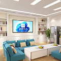 Bright Modern Interior With Arched Doorway White Bookshelves Blue Sofas TV And Wooden Flooring