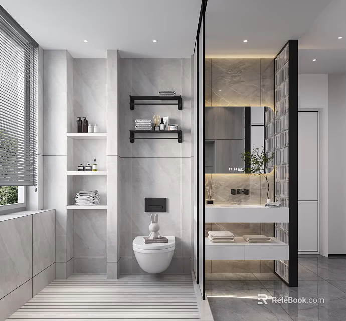 Modern Bathroom With Gray Tiles Wall Mounted Shelves And Vanity 3d model 