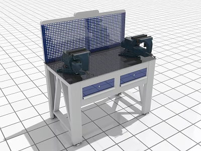 Industrial Workbench With Protective Mesh Screen Double Vices And Blue Drawers 3d model