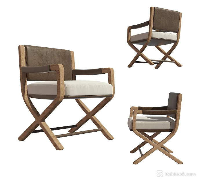 Modern Leisure Chair With Wooden Frame Crossed Legs Light Cushion And Brown Backrest 3d model 