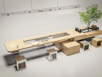 Modern Wooden Long Table With Square Stools And Hanging Lights Potted Plant 3d model