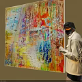 Vibrant Abstract Large Oil Painting With Dripping Paint And Artist Pointing On Gallery Wall