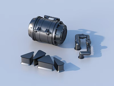Black Cylindrical Mechanical Equipment With Triangular Components And Curved Pipe 3d model