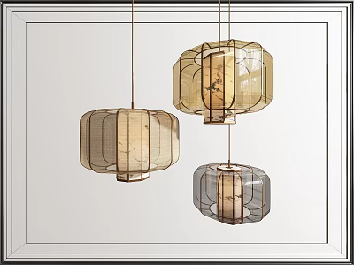 Modern Chinese Lantern Chandeliers with Wooden Frame and Translucent Fabric Shades 3d model