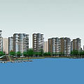 Modern High Rise Residential Buildings With Waterfront Dock Boats And Green Trees