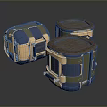 Drum Shaped Household Stools With Blue Gold Frames And Brown Padded Tops 3d model