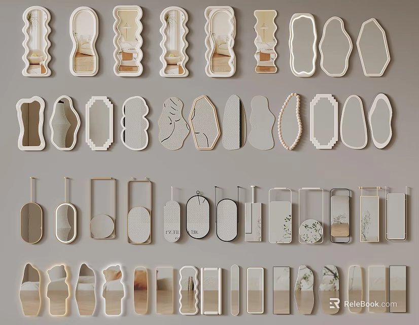 Various Shaped Decorative Mirrors With Ornate Frames Arranged On Gray Background 3d model