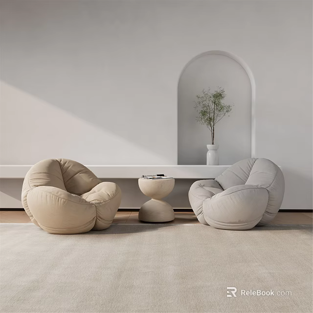 Beige and Light Gray Lazy Sofa in Indoor Living Room with Arch Niche and Plant 3d model 