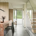 Modern Dining and Living Room Interior With Green Sofa Marble Countertop And Large Windows