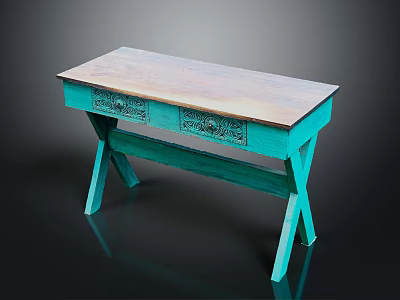 Teal Colored Wooden Top Table With Carved Drawers And Cross Legs Design 3d model