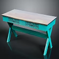 Teal Colored Wooden Top Table With Carved Drawers And Cross Legs Design