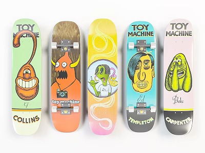 Colorful Skateboards With Various Cartoon Graphics And Brand Names 3d model