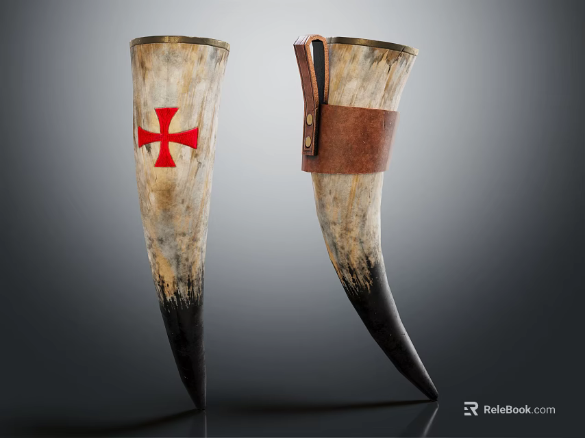 Vintage Horn Wine Cups With Red Cross And Leather Strap Design 3d model 