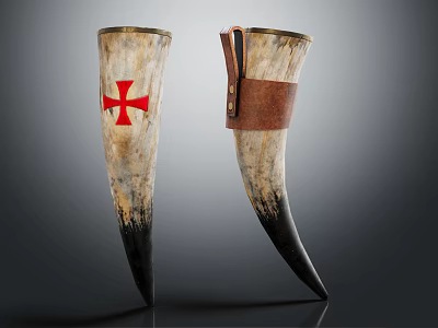 Vintage Horn Wine Cups With Red Cross And Leather Strap Design 3d model