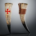 Vintage Horn Wine Cups With Red Cross And Leather Strap Design