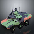 6x6 Wheeled Camouflaged Military Vehicle With Multiple Antennas And Roof Mounted Turret