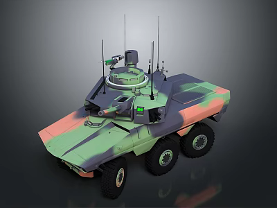 6x6 Wheeled Camouflaged Military Vehicle With Multiple Antennas And Roof Mounted Turret 3d model
