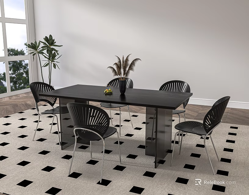 Modern Black Dining Table Set With Four Woven Chairs Fruit Bowl And Checkered Rug 3d model 