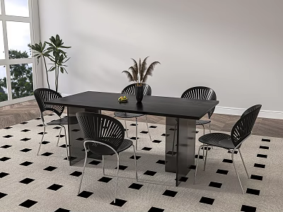 Modern Black Dining Table Set With Four Woven Chairs Fruit Bowl And Checkered Rug 3d model