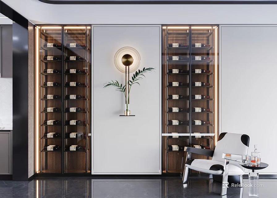 Modern Glass Door Wine Cabinet With LED Lighting in Living Room With Potted Plant 3d model 
