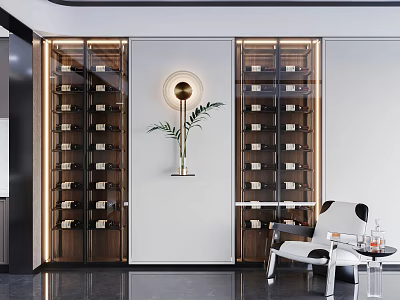 Modern Glass Door Wine Cabinet With LED Lighting in Living Room With Potted Plant 3d model