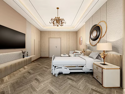 Elegant Modern Hospital Ward Interior With White Bed TV Chandelier Bedside Cabinet And Herringbone Floor 3d model