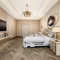 Elegant Modern Hospital Ward Interior With White Bed TV Chandelier Bedside Cabinet And Herringbone Floor