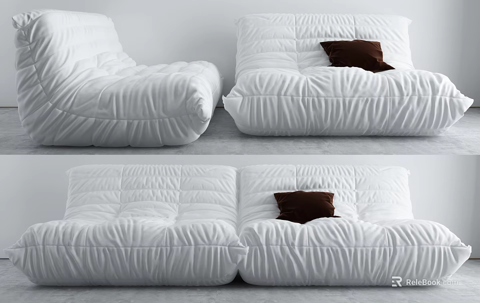 Modern White Single Sofa With Pleated Design And Brown Decorative Pillow 3d model