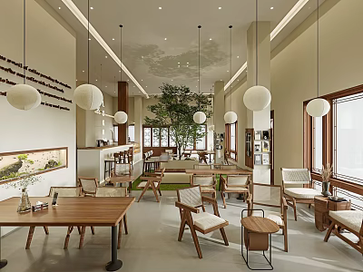 Modern Café Interior With Hanging White Lights Green Plants Wooden Furniture And Natural Light 3d model